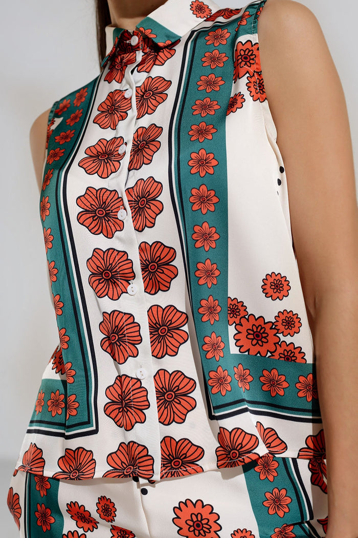 Sleeveless Creme Shirt With Floral Design - Shirts