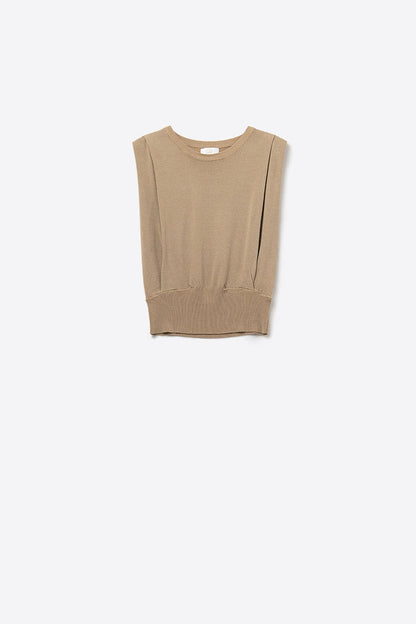Sleeveless knit top with draped shoulders in camel