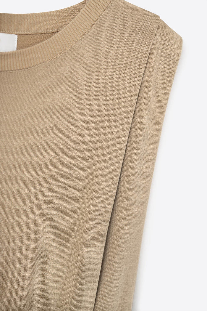 Sleeveless knit top with draped shoulders in camel