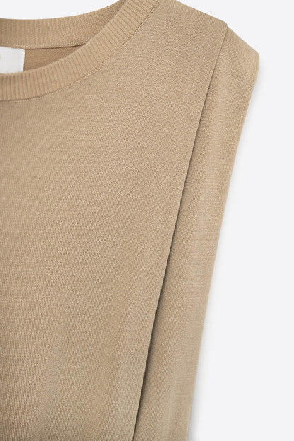 Sleeveless knit top with draped shoulders in camel