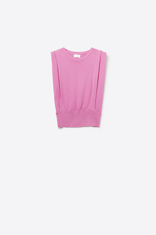 Sleeveless Knited Top With Shoulder Drape in Fuchsia