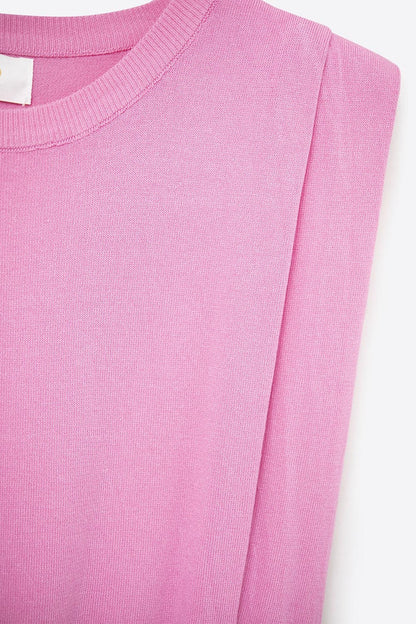 Sleeveless Knited Top With Shoulder Drape in Fuchsia