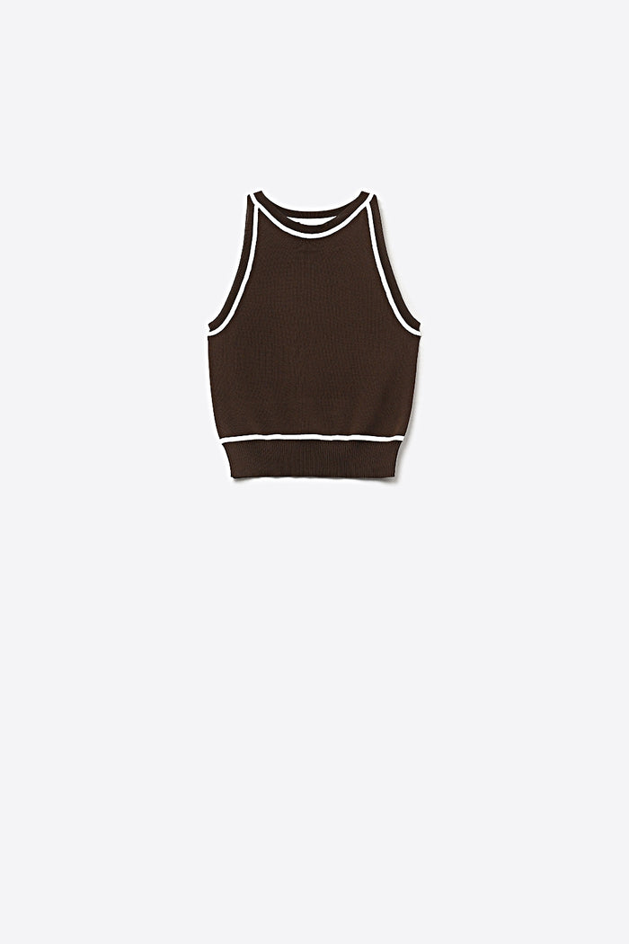 Sleeveless Knitted top In brown Featuring detail white Lines
