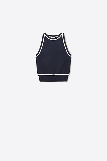 Sleeveless Knitted top In navy Featuring detail white Lines