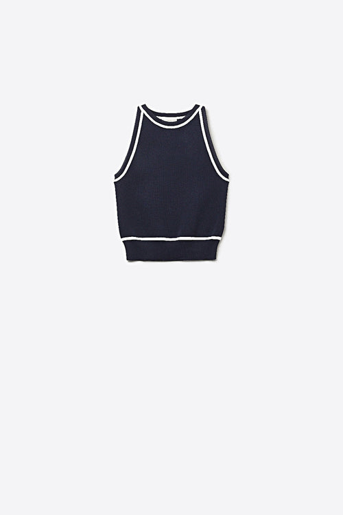 Sleeveless Knitted top In navy Featuring detail white Lines