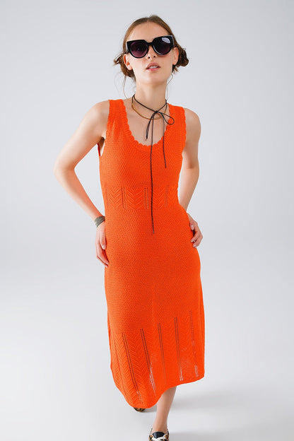 Sleeveless orange knit midi dress with round neck - dress