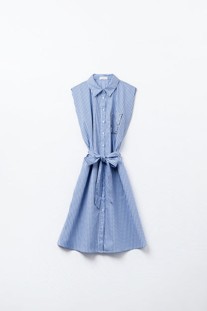 Sleeveless Shirt Dress With Belt And Embroidered Pocket - dress