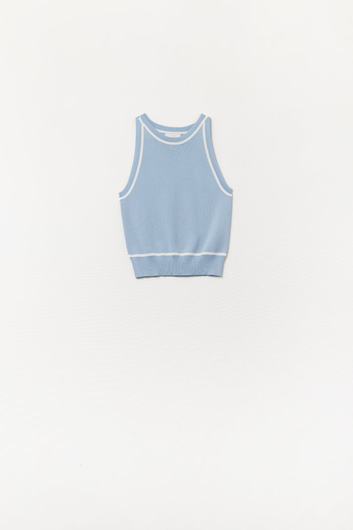 Sleeveless Sweater In Blue Featuring White Lines detail