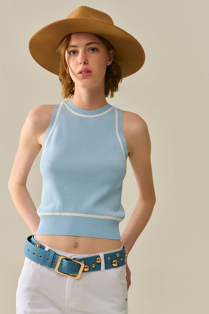 Sleeveless Sweater In Blue Featuring White Lines detail