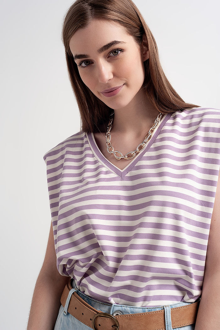 sleeveless t-shirt with shoulder pad in purple stripe - top