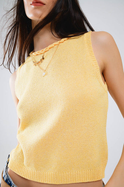 Sleeveless Yellow Sweater With Crew Neckline And Braid Detail At Neckline