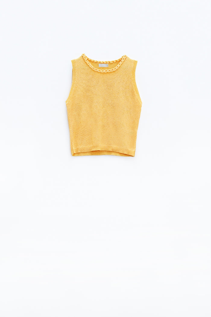Sleeveless Yellow Sweater With Crew Neckline And Braid Detail At Neckline