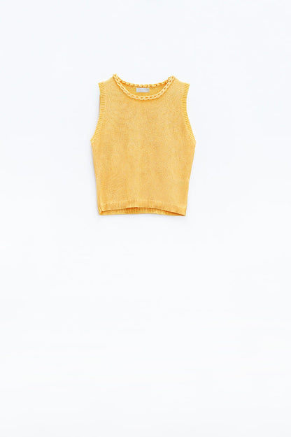 Sleeveless Yellow Sweater With Crew Neckline And Braid Detail At Neckline
