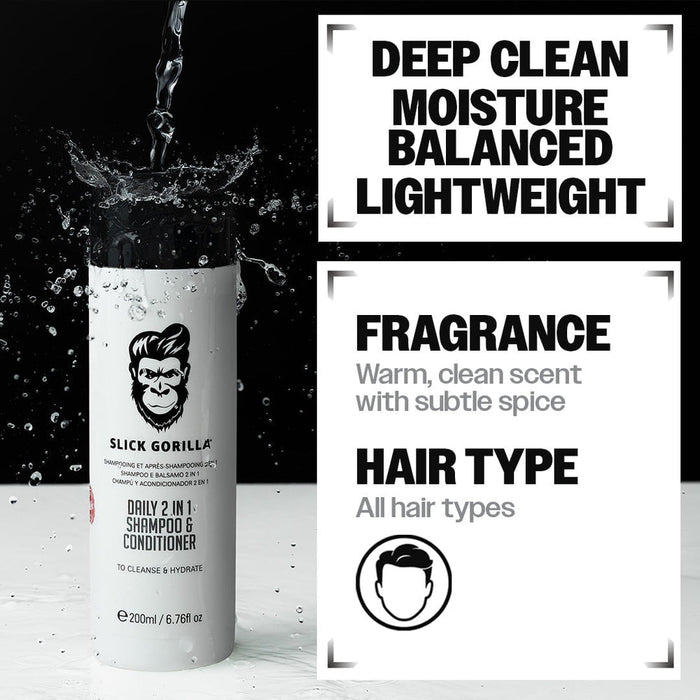 Slick Gorilla Daily 2 In 1 Shampoo & Conditioner featuring a deep cleansing formula with balanced moisture, a warm clean fragrance and lightweight hydration suitable for all hair types.