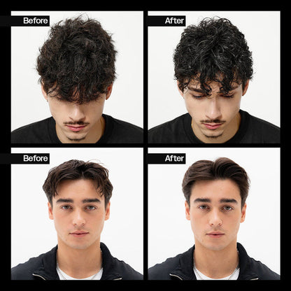 Before and after comparison showing Slick Gorilla Daily 2 In 1 Shampoo & Conditioner leaving hair cleaner, softer, healthier-looking and more defined with improved texture and shine.