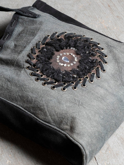 SOFT GREY dark purple calf skin handles grommet boho bag