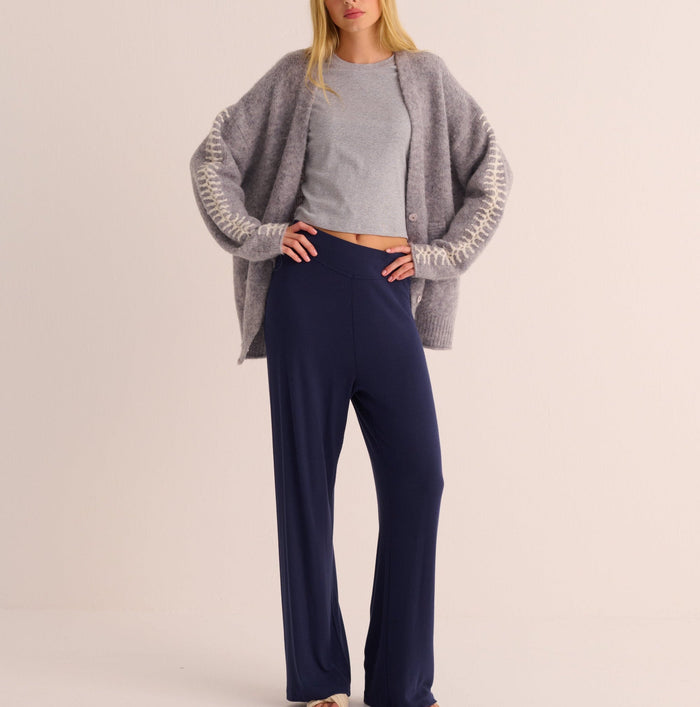 Soft Grey Marl Alpaca Blend Cardigan with Ivory Stitch Detail - Loungewear