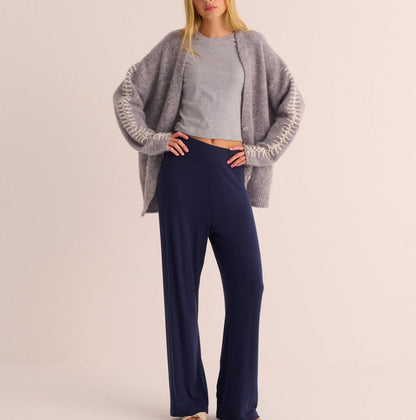 Soft Grey Marl Alpaca Blend Cardigan with Ivory Stitch Detail - Loungewear