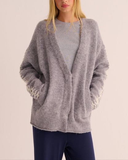 Soft Grey Marl Alpaca Blend Cardigan with Ivory Stitch Detail - Loungewear
