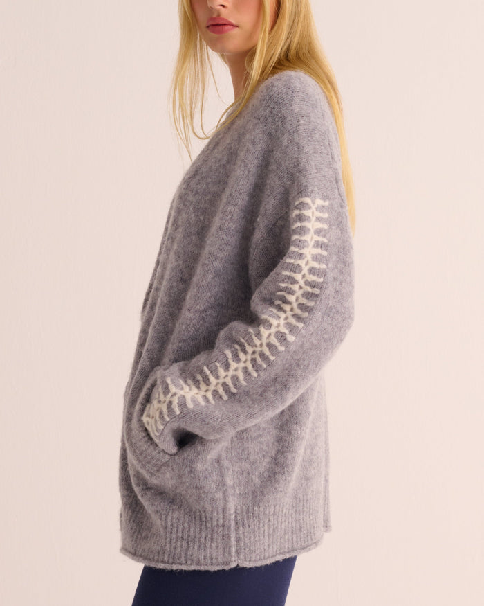 Soft Grey Marl Alpaca Blend Cardigan with Ivory Stitch Detail - Loungewear