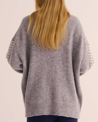 Soft Grey Marl Alpaca Blend Cardigan with Ivory Stitch Detail - Loungewear