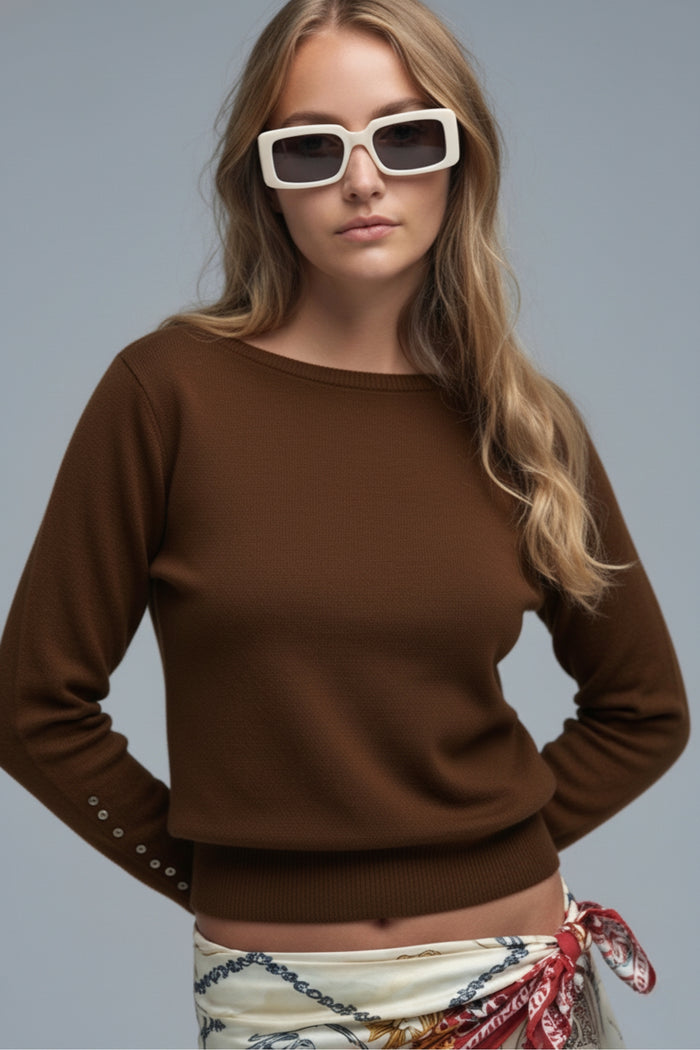 Soft knit Brown Sweater with sleeve button details
