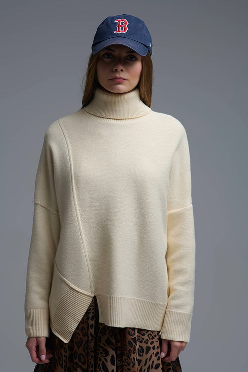 Soft knitted Asymmetric Turtleneck Sweater in beige