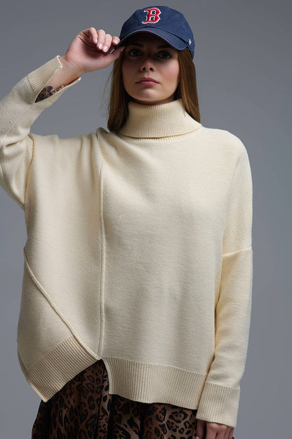 Soft knitted Asymmetric Turtleneck Sweater in beige