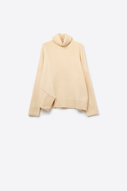 Soft knitted Asymmetric Turtleneck Sweater in beige