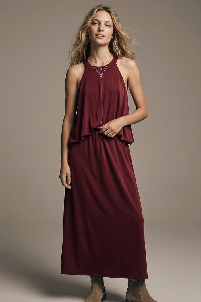 soft stretch fabric Halter Neck Maxi Dress in Burgundy - dress