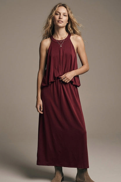 soft stretch fabric Halter Neck Maxi Dress in Burgundy - dress