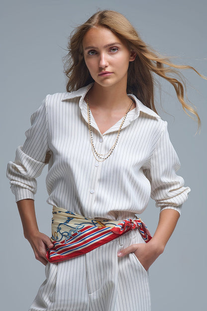 Sophisticated Pinstripe Cream-Striped High-Neck Shirt - Shirts