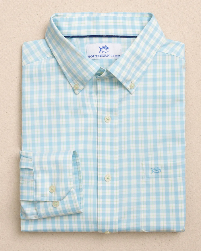 spring plaid button down Southern Tide Precheck Plaid Coastal Breeze Sport Shirt - Tropical Breeze Blue