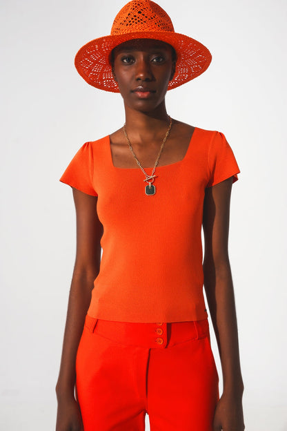 square neck puff sleeve sweater in orange
