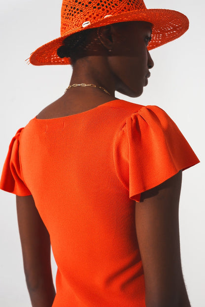 square neck puff sleeve sweater in orange