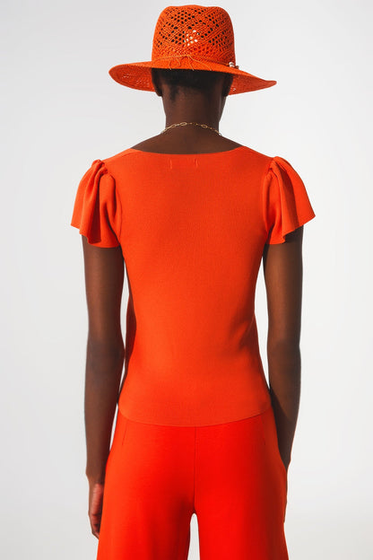 square neck puff sleeve sweater in orange