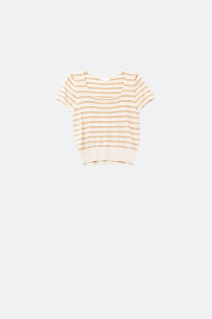 Square neck Stripped Sweater in beige and camel