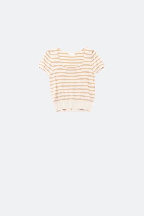 Square neck Stripped Sweater in beige and camel