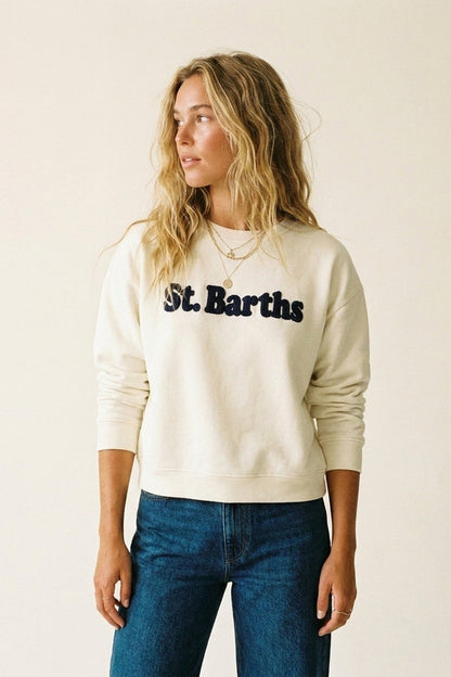 St Barths Navy logo Embroidered Sweatshirt in cream color