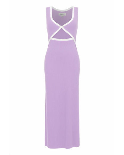 Off-model view of the LSPACE Steph Dress in lilac-cream, displayed to show the crossover front cut-out design and cream contrast trim of the fitted maxi dress.