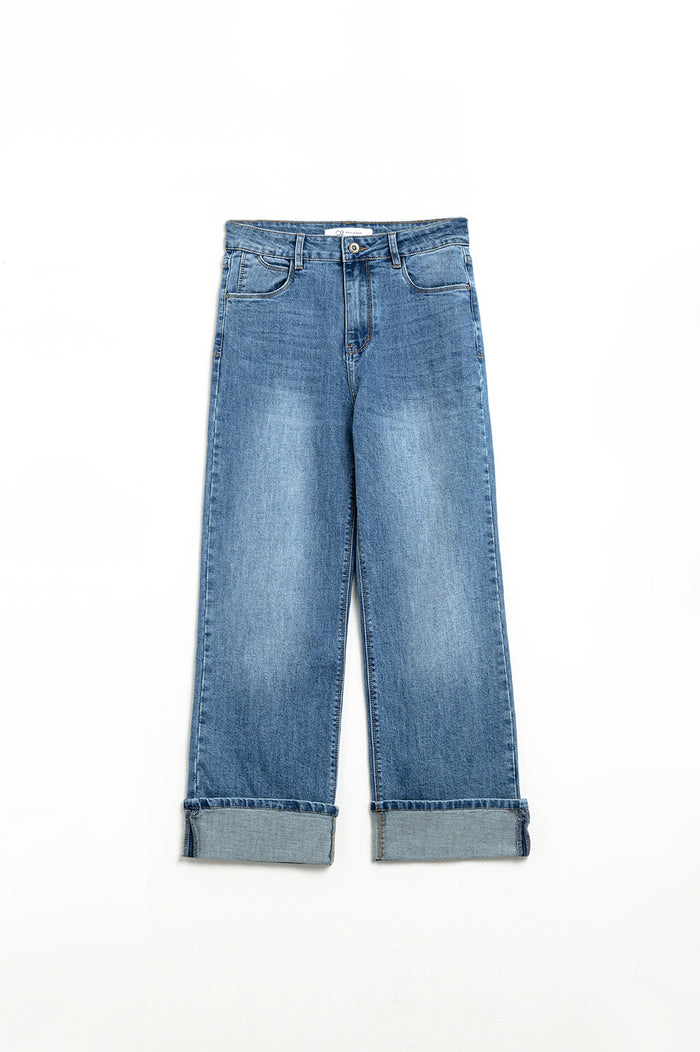 straight fit cuffed jeans with mid wash - Denim