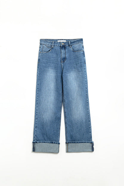 straight fit cuffed jeans with mid wash - Denim