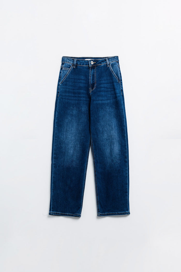 Straight Fit Jeans With Side Pockets in Mid Blue - Denim