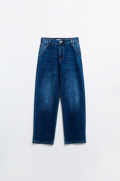 Straight Fit Jeans With Side Pockets in Mid Blue - Denim