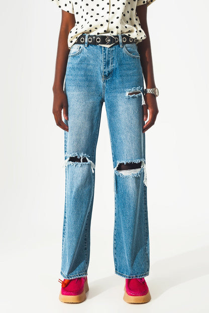 Straight jean in medium wash with rip and split hem - Denim
