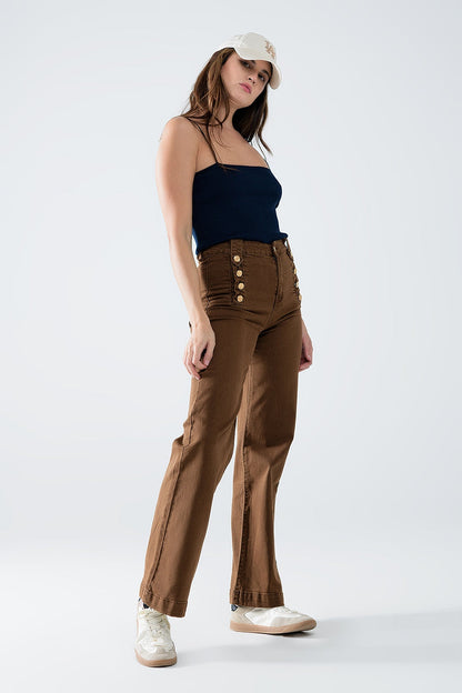Straight Jeans With Gold Buttons At the Side in camel - trousers