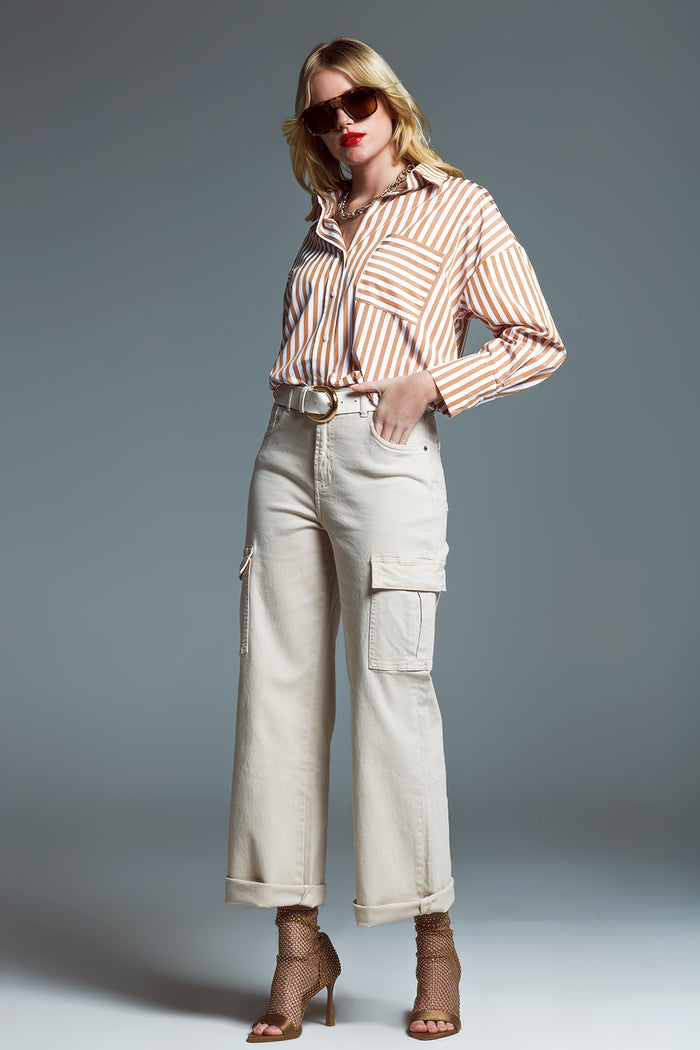 Straight Leg Cargo Jeans in Beige - Coloured Jeans