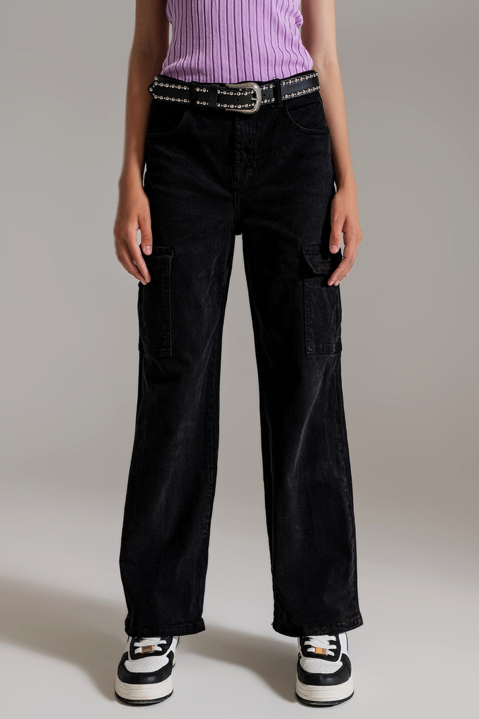 Straight Leg Cargo Jeans in Black - Coloured Jeans