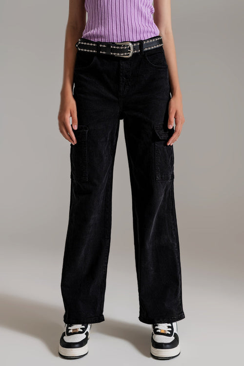 Straight Leg Cargo Jeans in Black - Coloured Jeans