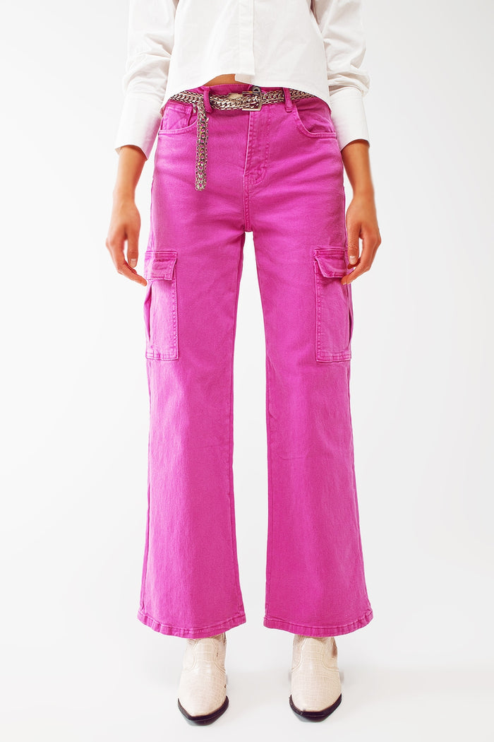 Straight Leg Cargo Jeans in Fuchsia - Coloured Jeans